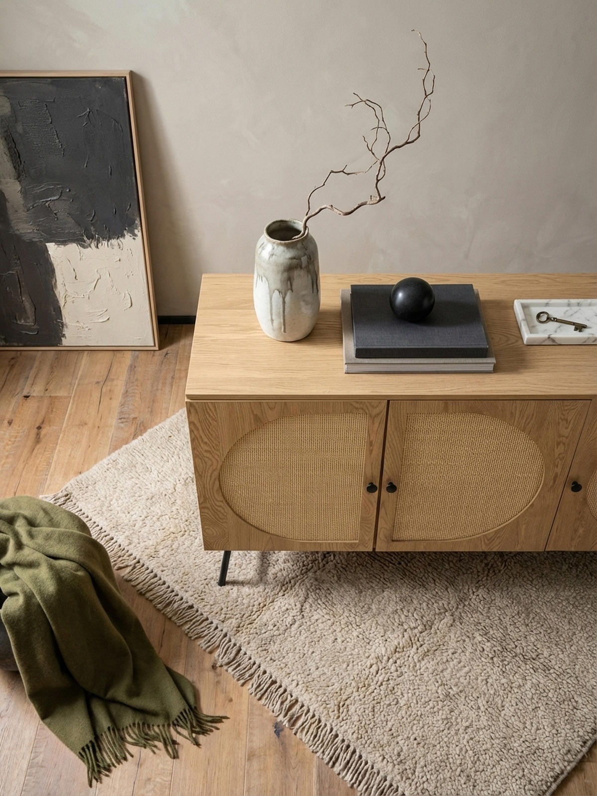 SIDEBOARD – Eiche-Dekor/Rattan, 140x80x39 cm, 3 Türen, hoch - Schwarz/Braun, Holzwerkstoff/Metall (140/80/39cm) - KADIMA DESIGN