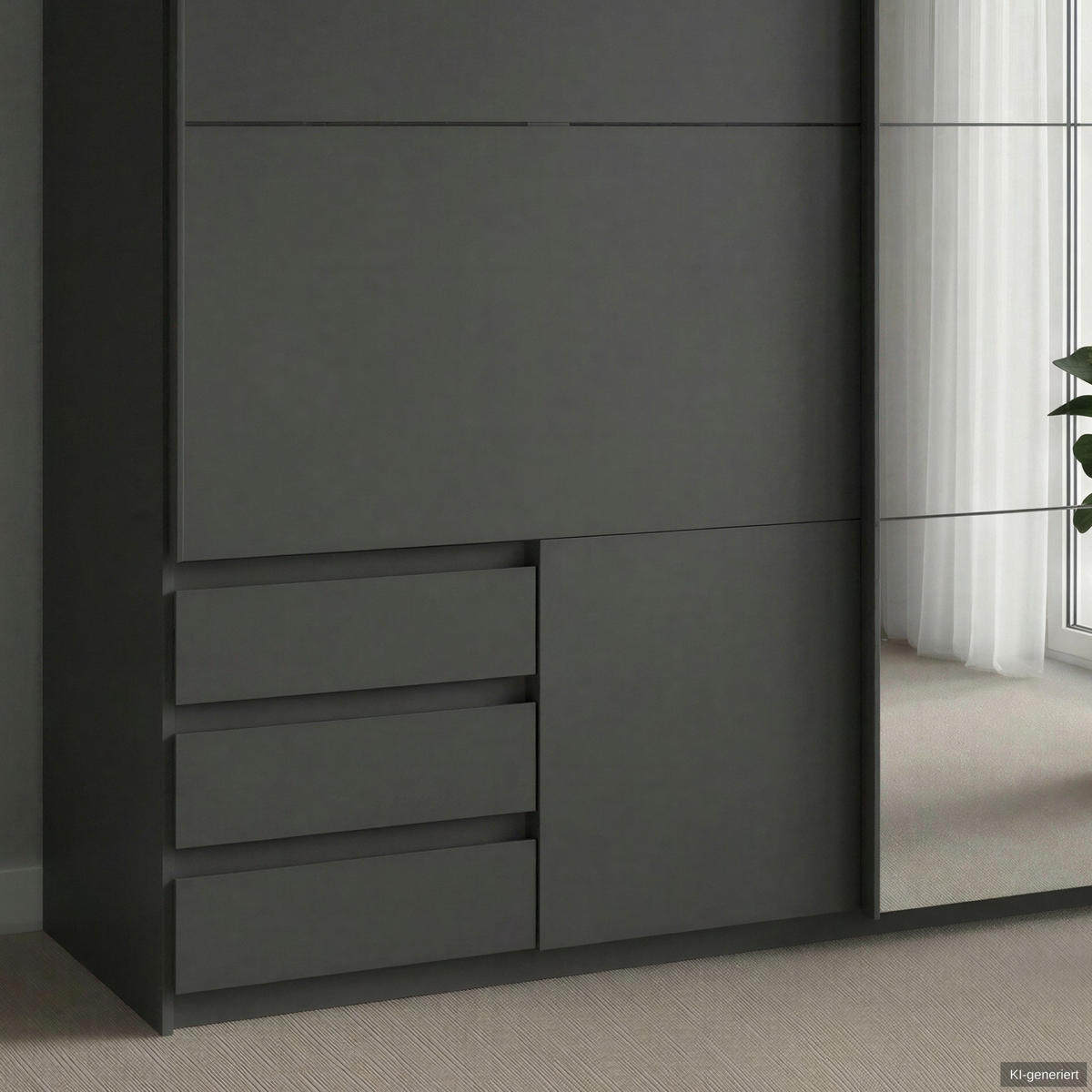 SCHWEBETÜRENSCHRANK 2-türig B179/H198/T65 cm, Kleiderschrank in Grafit mit sichtbaren Schubkästen & Spiegel / 22707 - Schwarz/Graphitfarben, Holz/Holzwerkstoff (179/198/65cm) - luma-home