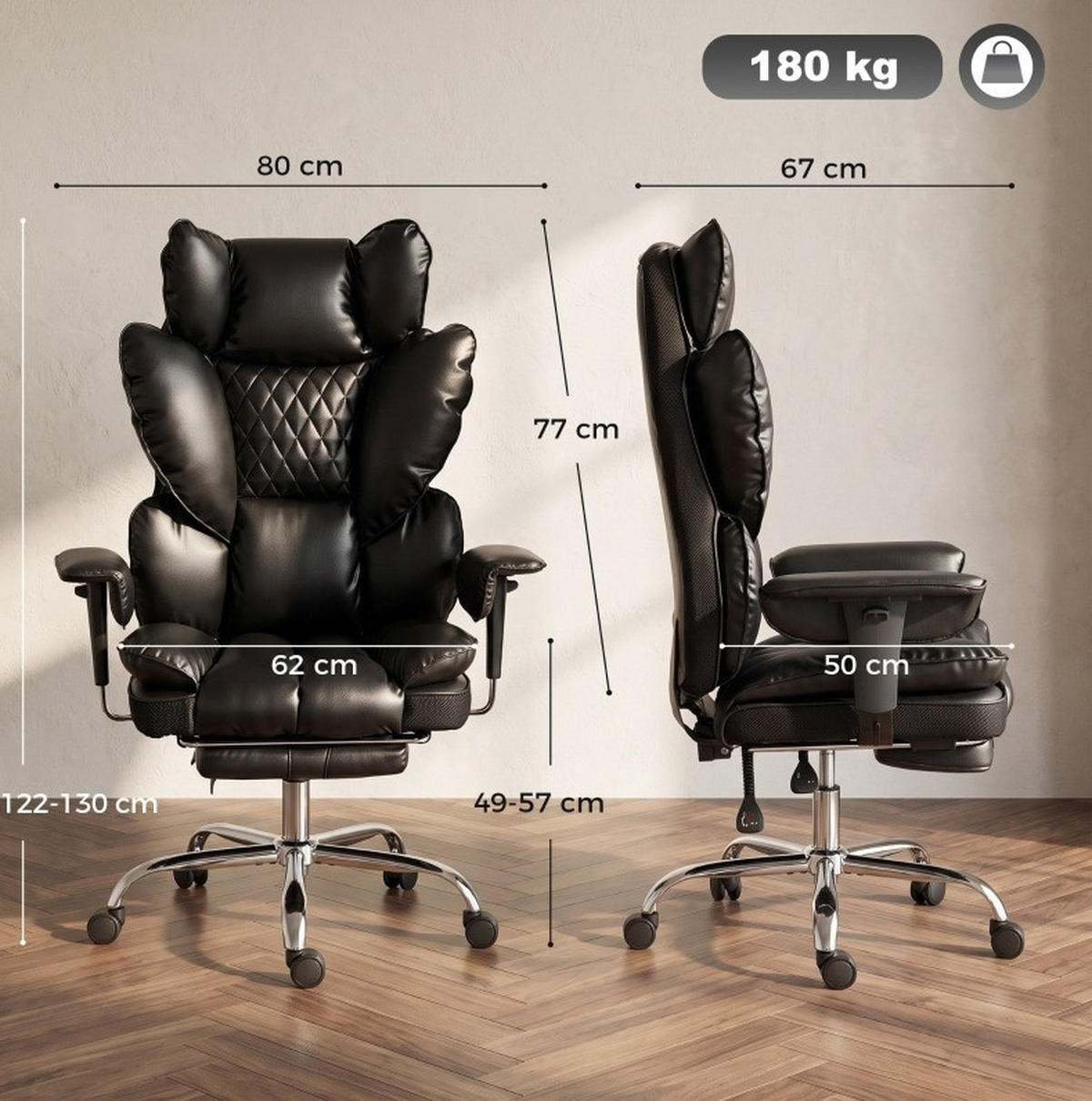 CHEFSESSEL in Schwarz 67x80x130 cm bis 180 kg mit Liegefunktion und Fußstütze - Schwarz, Kunststoff (80/130/67cm) - IVMEU