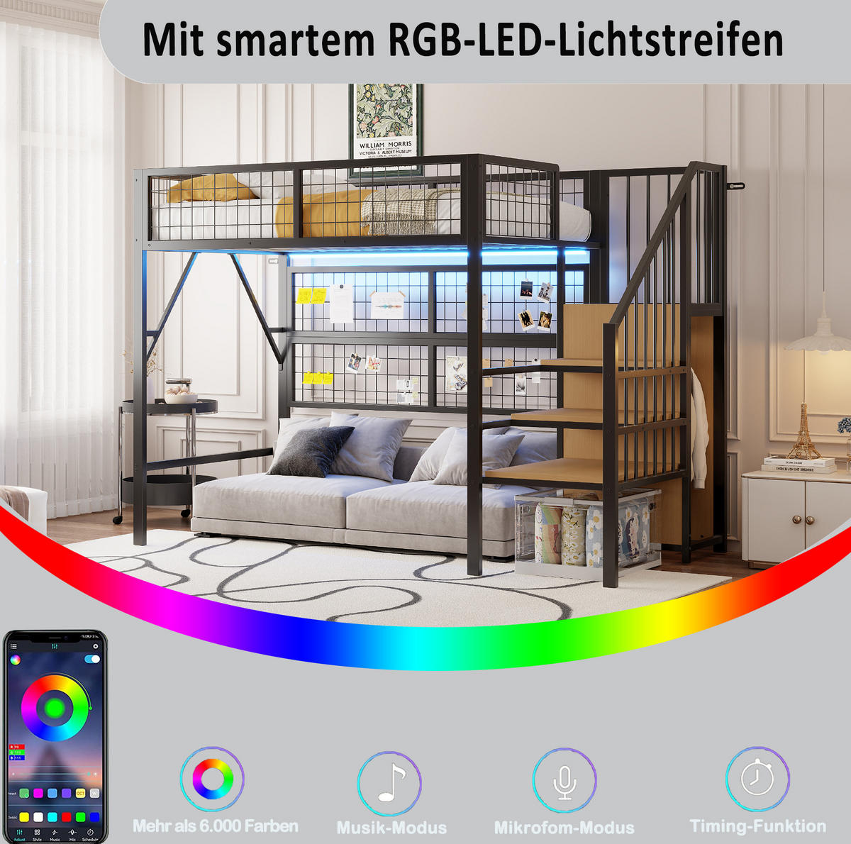 HOCHBETT 90/200 cm Schwarz aus MDF und Metall mit LED-Beleuchtung und Stauraum - Schwarz, Metall (90/200cm) - OKMYHOME