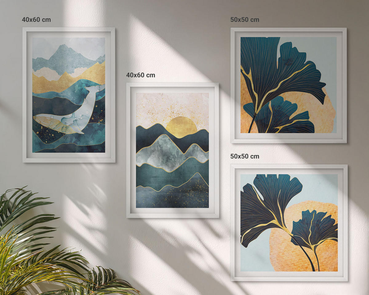 BILDER SET 4er Set - 50x50 cm & 40x60 cm Weißer Rahmen - Abstrakte ästhetische Berge - Weiß, Kunststoff (50/50cm) - TULUP
