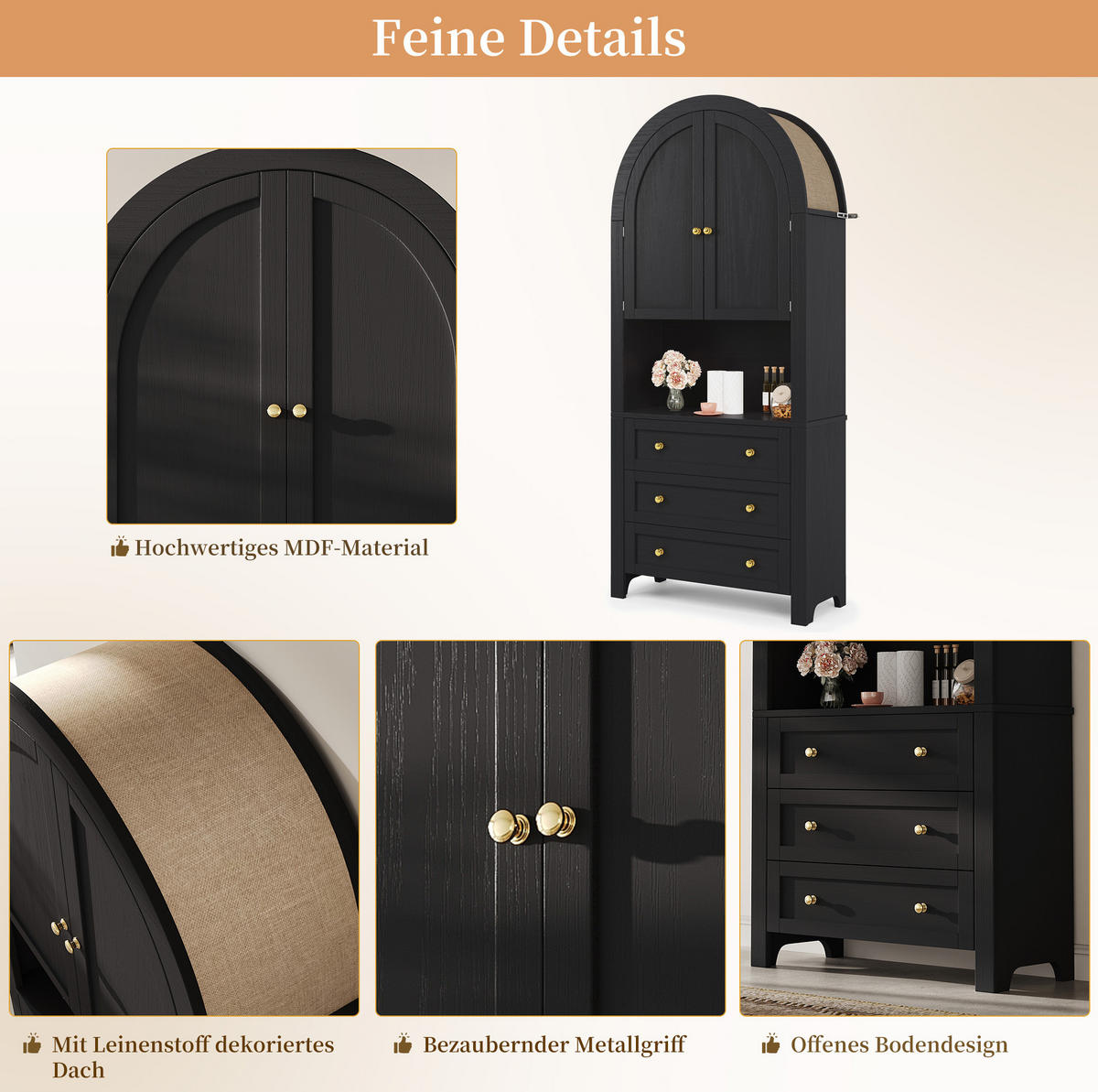 BUFFET 70/35/180 cm aus MDF mit Bogendesign und 3 Schubladen Schwarz - Schwarz, Holzwerkstoff (70/180/35cm) - Modenvie