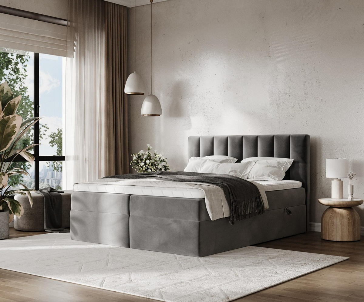 BOXBETT Bari 160/200 cm Grau im Kronos Stoff - Grau, Holz/Holzwerkstoff (160/200cm) - AltaBeds
