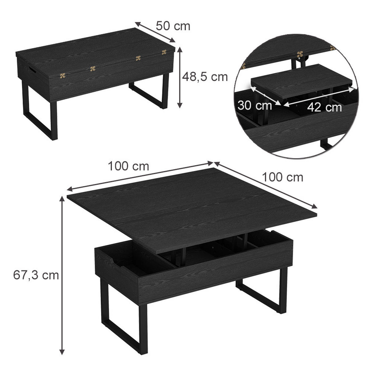 COUCHTISCH Lifty Schwarz 100 x 50 cm mit Liftfunktion - Schwarz, Holzwerkstoff (50/100/48.5cm) - Vicco