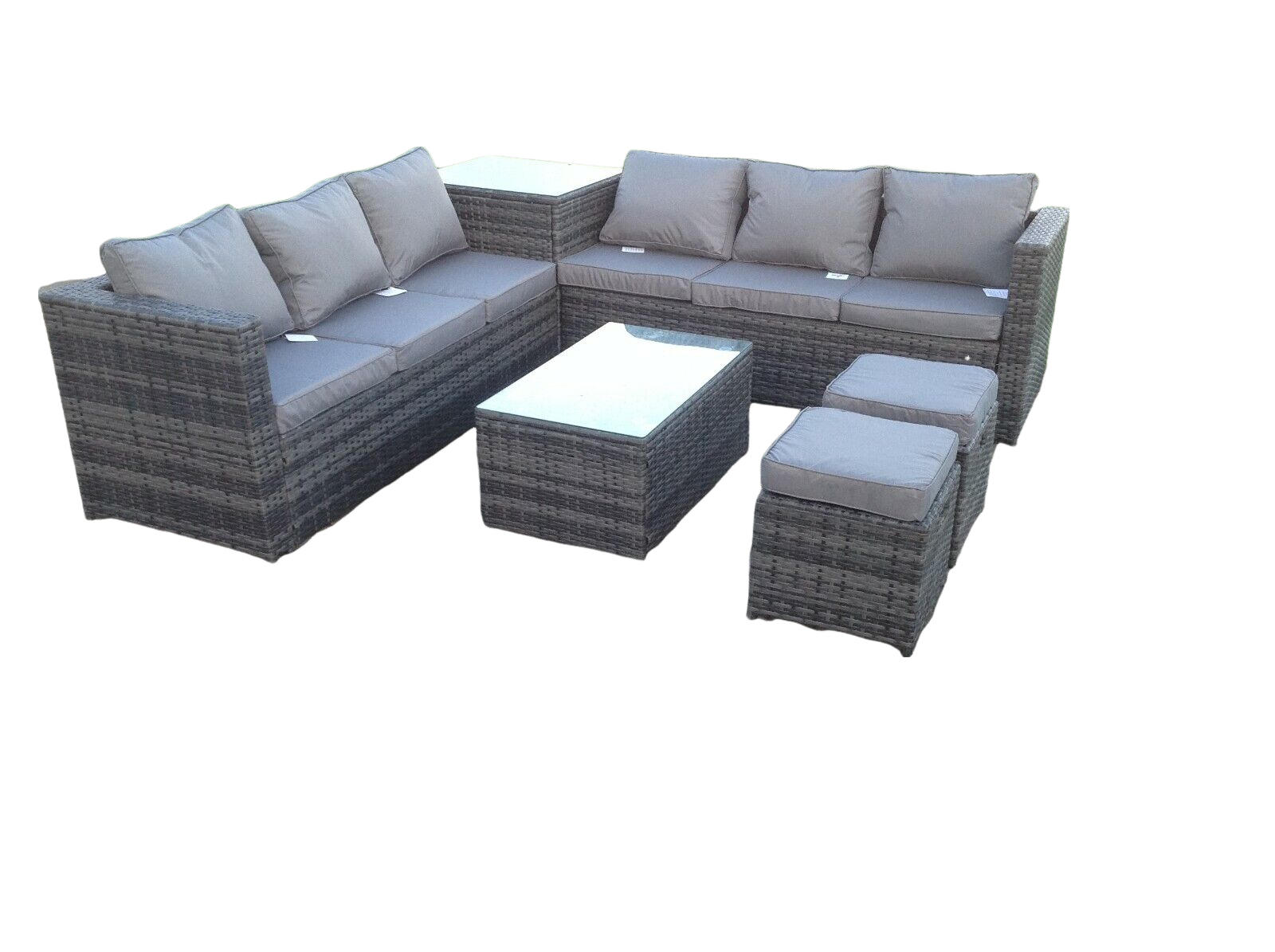 GARTENMÖBEL-SET MIT 3 SITZER SOFA BEISTELLTISCH HOCKER Polyrattan Outdoor 6-Sitzer - Dunkelgrau/Grau, Glas/Kunststoff - Fimous