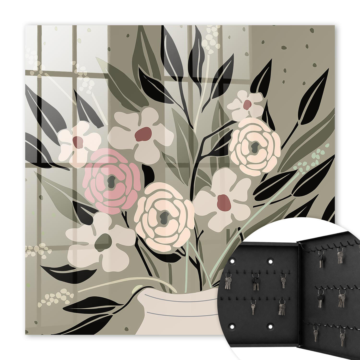 SCHLÜSSELBOX Schwarz 30x30 cm- Türöffnung nach rechts - Blumenarrangement - Beige, Metall (30/30/5cm) - TULUP