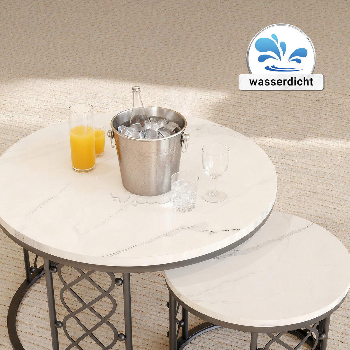 COUCHTISCH-SET mit Marmoroptik, Nesting Tische rund,Beistelltisch Metallgestell 70/70/45 cm + 45/45/37 cm, Weiß und Schwarz - Weiß, Holzwerkstoff (70/70/45cm) - Redom