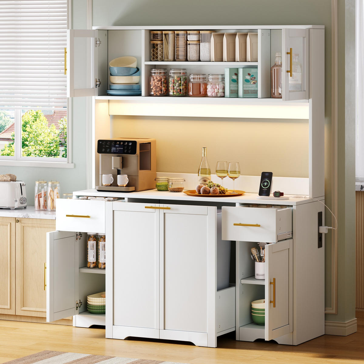 BUFFET DE-38725 140/40/173 cm LED-Beleuchtung und Müllschrank Weiß/Gold - Weiß, Holzwerkstoff (140/173/40cm) - ComfortXL