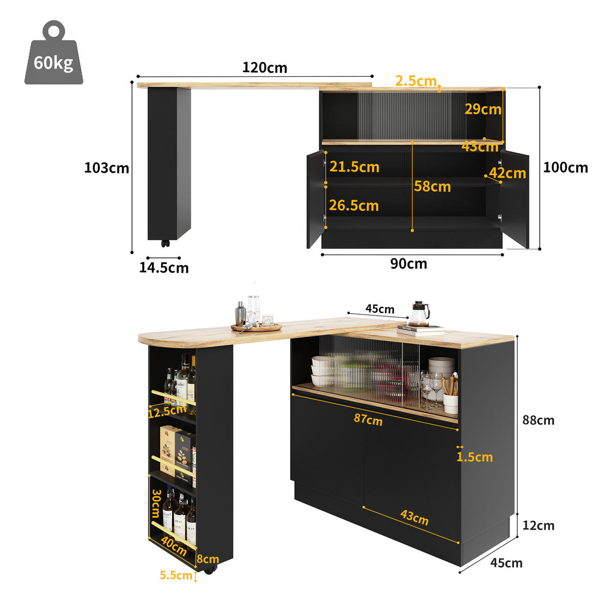 STEHTISCH mit Stauraum und Schiebetüren – Multifunktionaler Bartisch 120 cm - Schwarz, Holzwerkstoff/Metall (90/100/45cm) - Urban Meuble