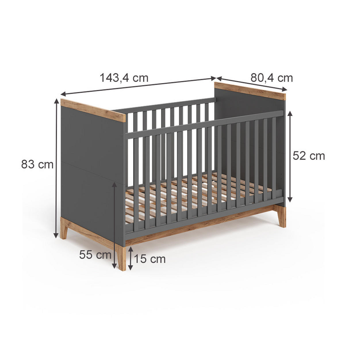 BABYBETT Malia Grau/Artisan 70x140 cm mit Matratze - Hellgrau/Grau, Holzwerkstoff - VitaliSpa