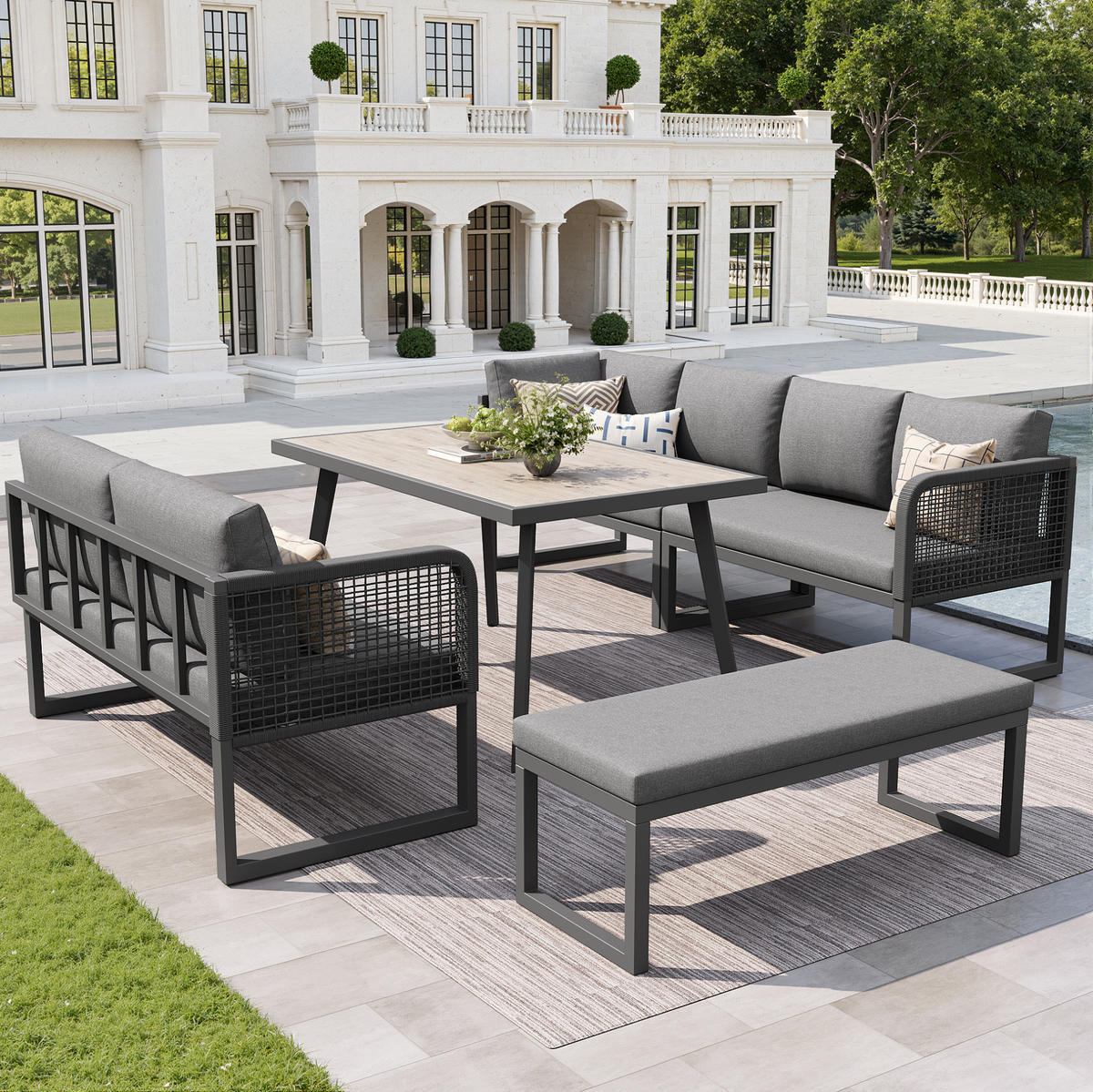 GARTENMÖBEL-SET mit Tisch 110/60/71 cm grau aus PE-Rattan mit Kissen - Grau, Metall - OKWISH