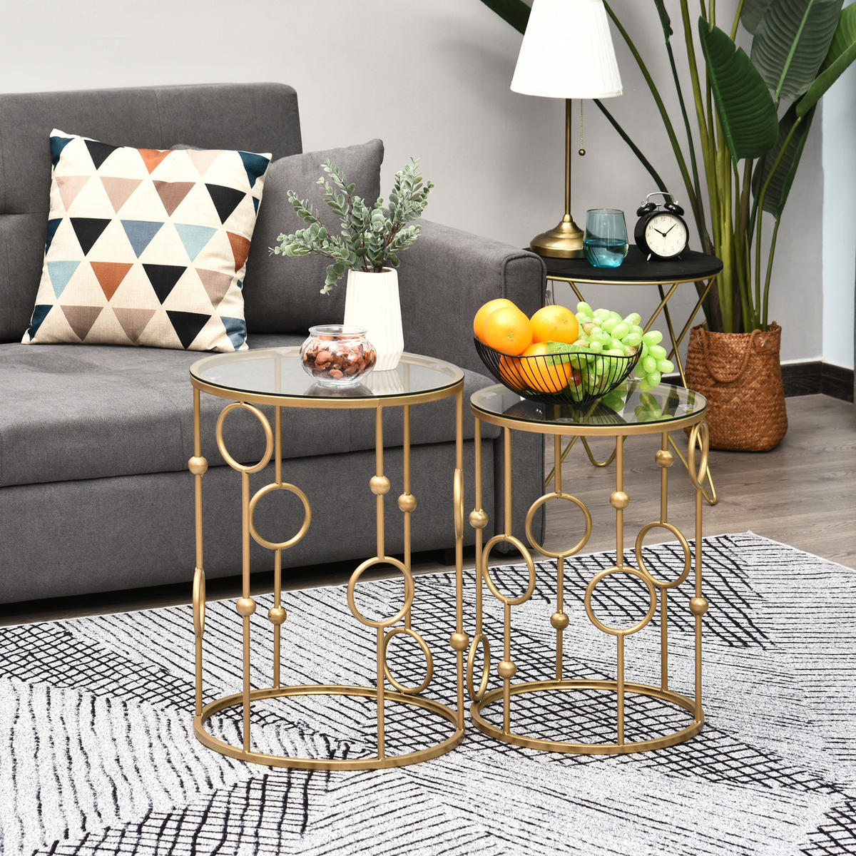 COUCHTISCH 2er-Set mit Glasplatte, Ø41 x 57 cm, Gold - Goldfarben, Glas (41/41/57cm) - HOMCOM