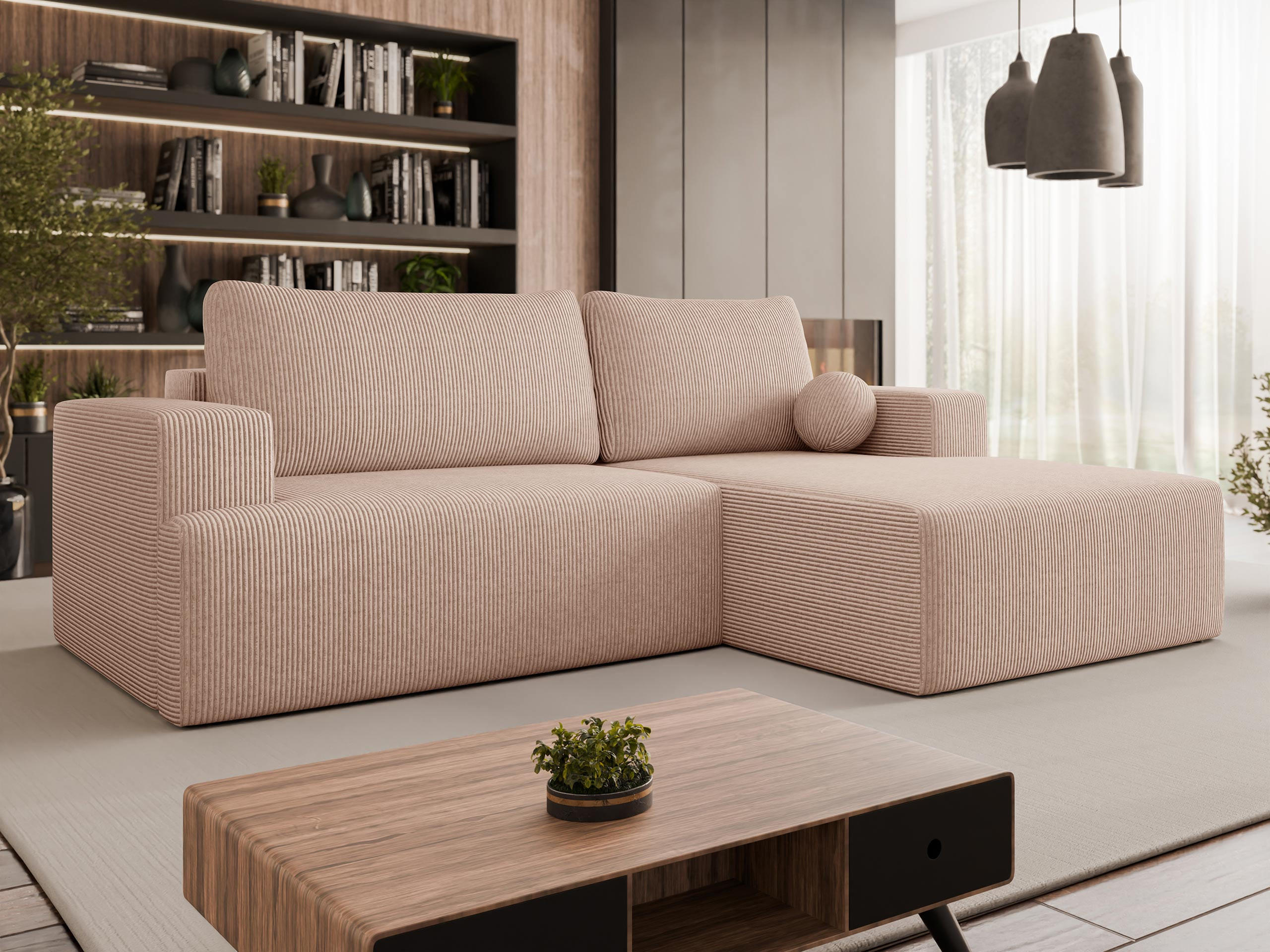 ECKSOFA Mivo Cord, Seite: Rechts - Schwarz/Rosa, Holz/Kunststoff (266/163cm) - MIRJAN24