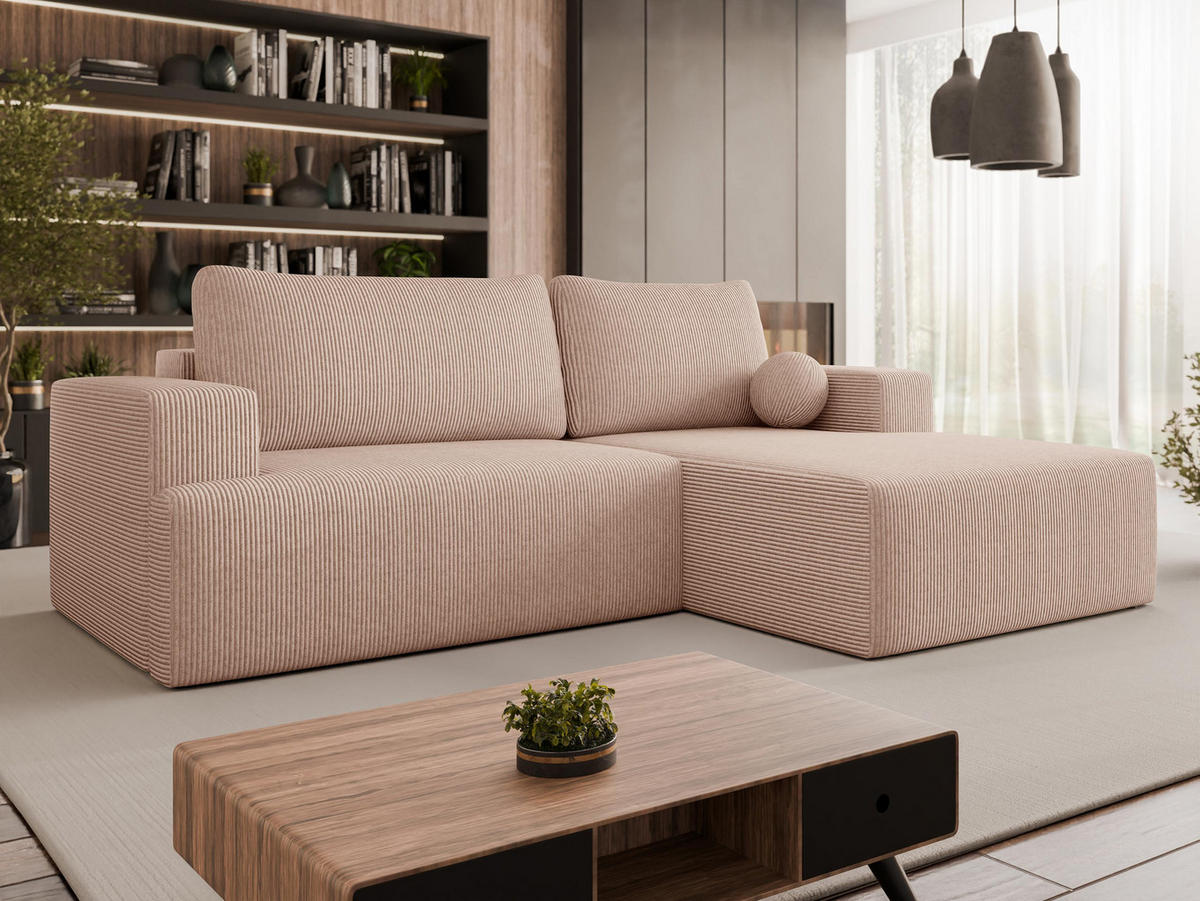 ECKSOFA Mivo Cord, Seite: Rechts - Schwarz/Rosa, Holz/Kunststoff (266/163cm) - MIRJAN24