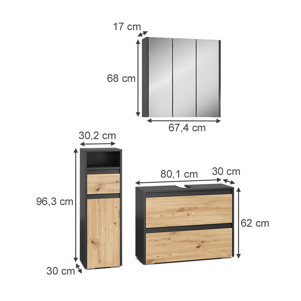 BADMÖBEL-SET Majest Anthrazit/Artisan 3 Teile - Anthrazit/Hellgrau, Holzwerkstoff (30.2/96.3/30cm) - Vicco