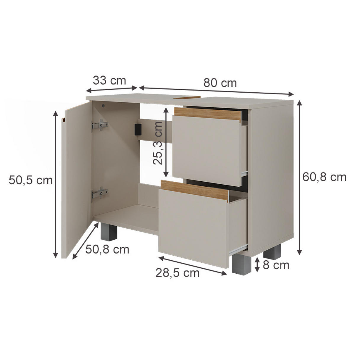 WASCHBECKENUNTERSCHRANK J-Shape Cashmere/Artisan 80 x 60.8 cm mit 2 Schubladen - Kaschmir/Hellgrau, Holzwerkstoff (80/60.8/33cm) - Vicco