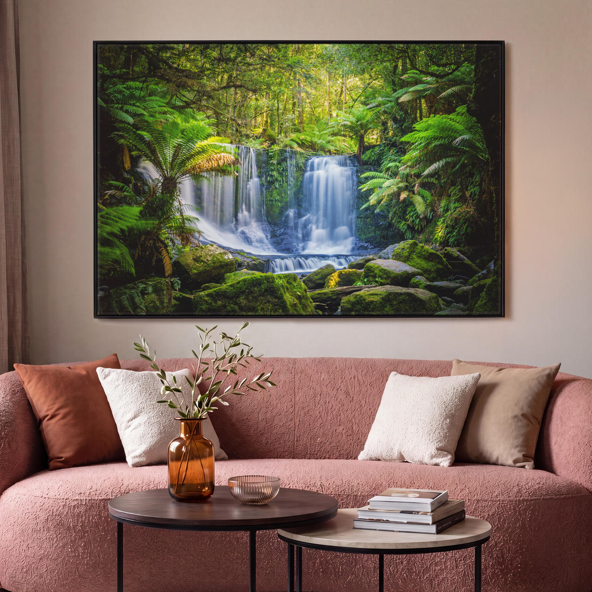 LEINWAND Bilder mit Rahmen - Dschungel - Wasserfall - Australien - Pflanzen - Natur - 120x80 - Dunkelgrün, Textil (120/80cm) - MuchoWow