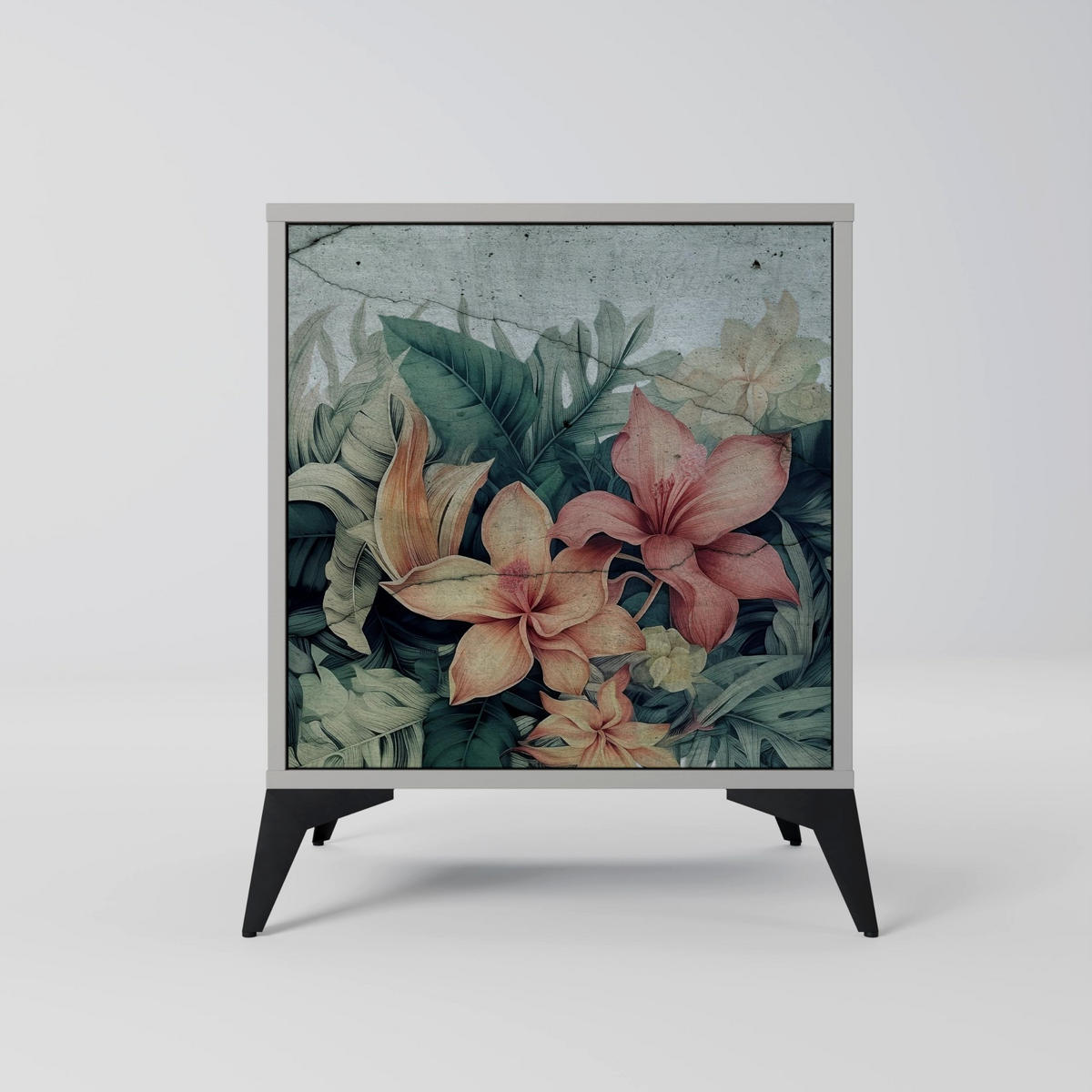 SIDEBOARD HEAVENLY BLOOM, Grau, 57,5x42x70,5 cm, Schwarze Metall-Sternfüße - Multicolor/Schwarz, Holzwerkstoff/Metall (57.5/70.5/42cm) - SpaceRebels