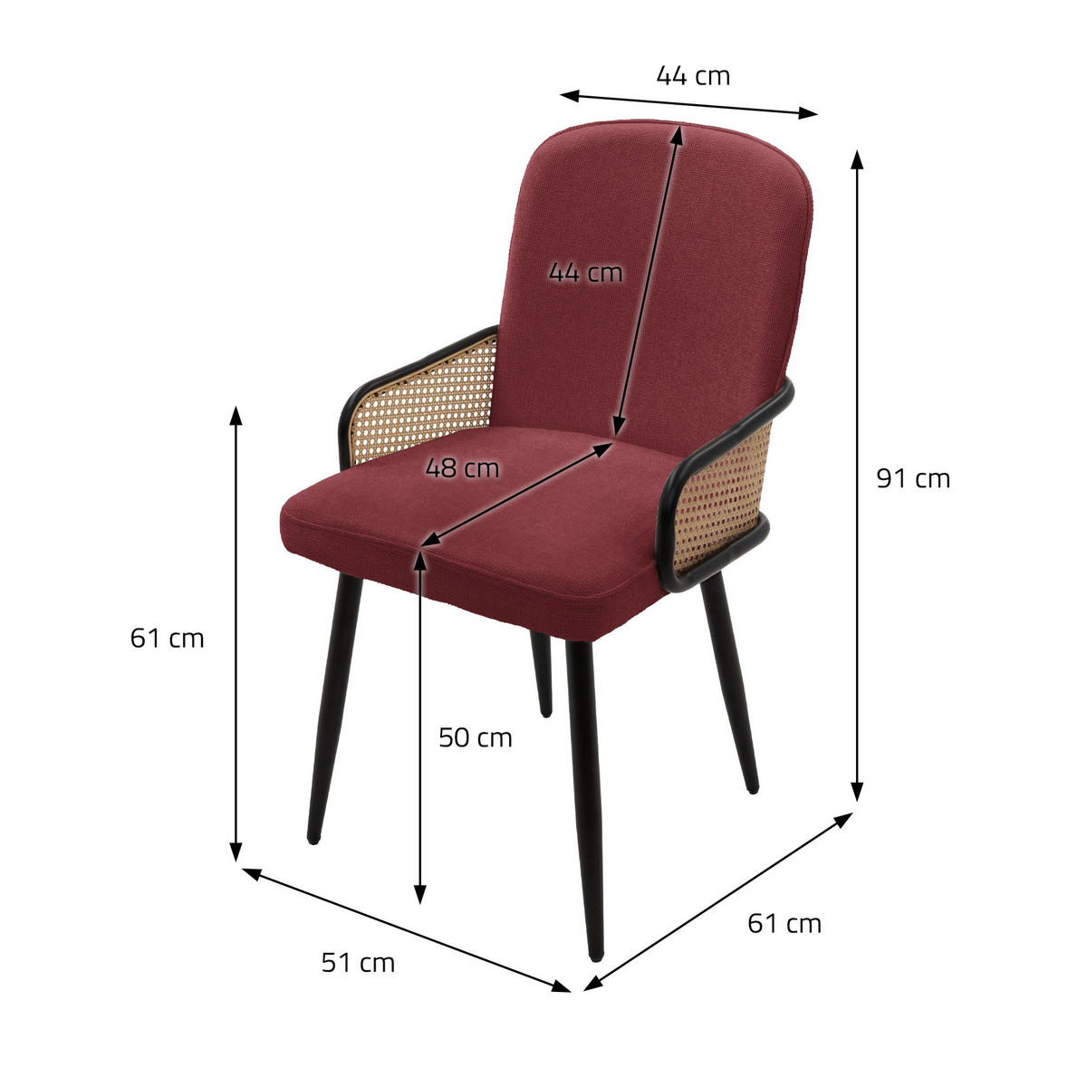 ESSZIMMERSTÜHLE 6er Set Rot mit Stoffbezug Rattan Optik - Rot/Schwarz, Naturmaterialien/Textil (51/91/61cm) - ML-DESIGN