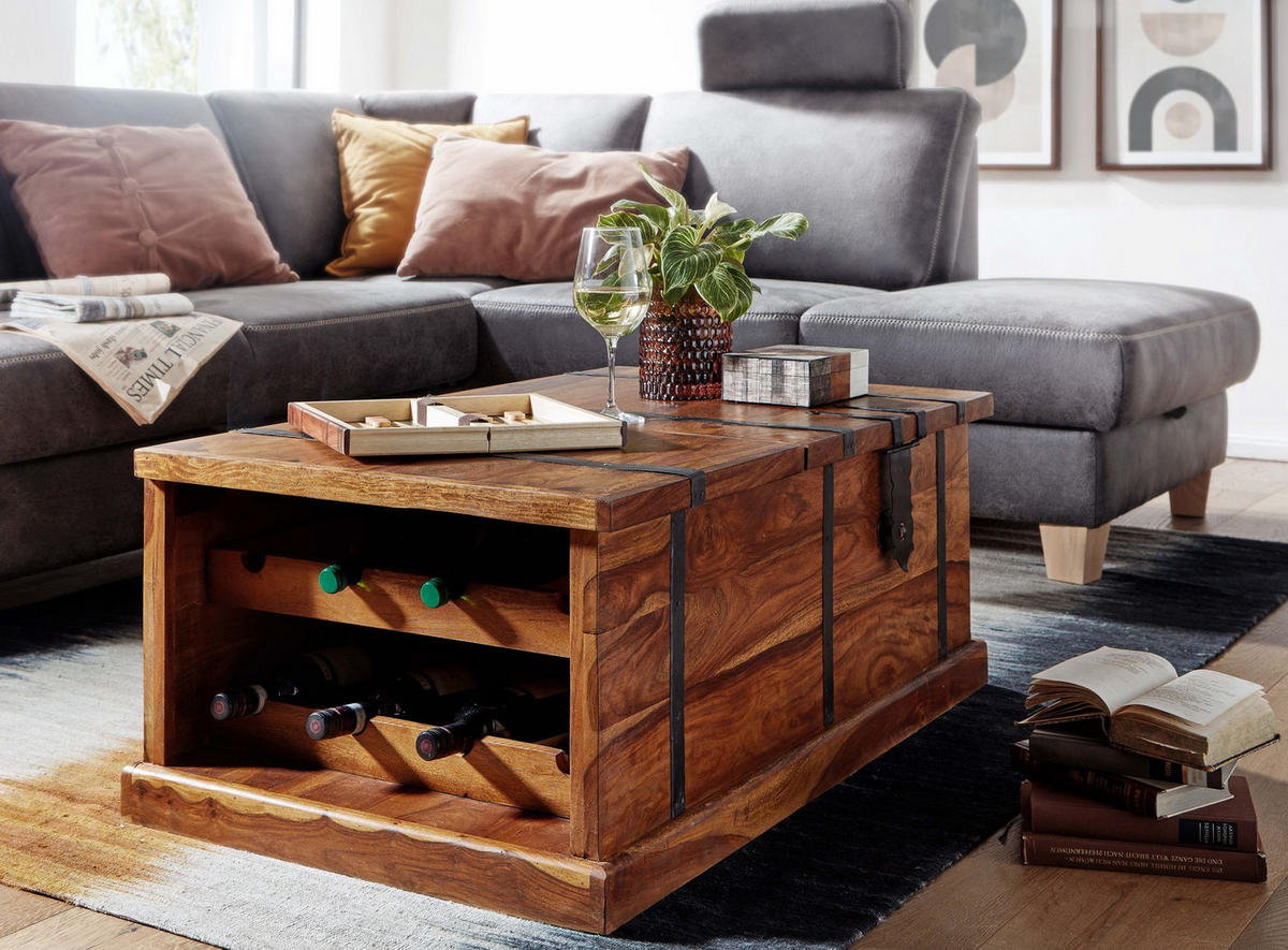 COUCHTISCH Massivholz mit integriertem Weinregal und Stauraum 100x60x40cm - Braun, Holz (100/40/60cm) - KADIMA DESIGN