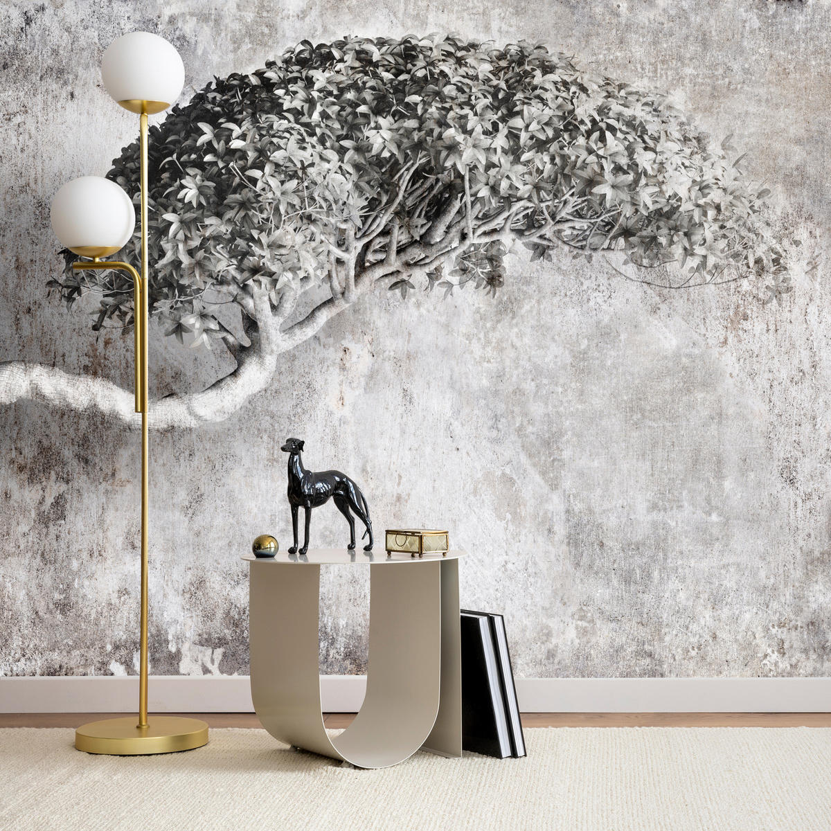 FOTOTAPETE Abstrakter Baum Beton 3D Effekt 300x210 - Beige/Schwarz, Papier (300/210cm) - Muralo