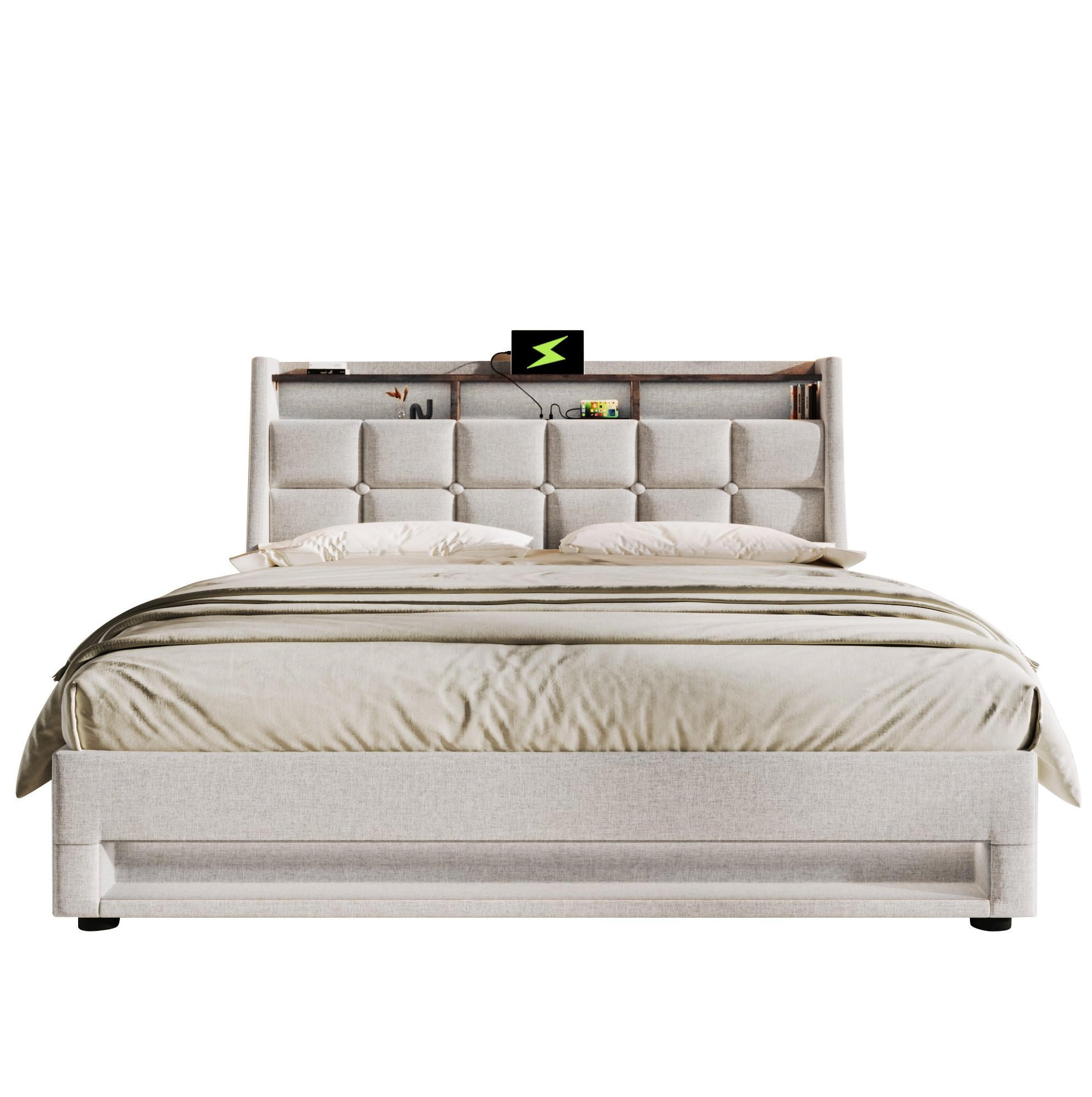 POLSTERBETT mit Stauraum, USB und LED 180x200 cm Beige - Beige, Metall (180/200cm) - Meubliv