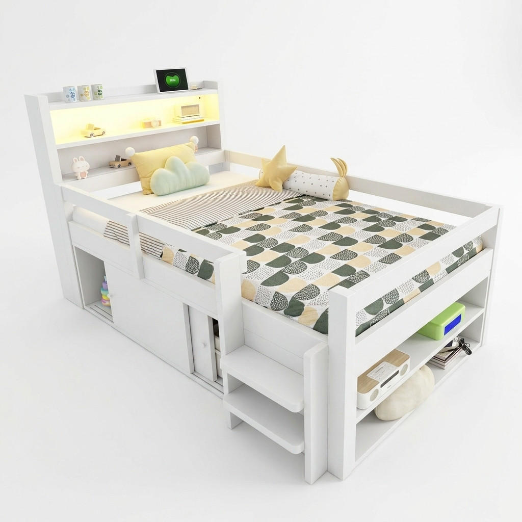 HOCHBETT 90/200 cm in Weiß mit Ablageflächen, Staufächern, Schränken, Schutzgittern, LED und USB - Weiß, Holzwerkstoff - STILVORA