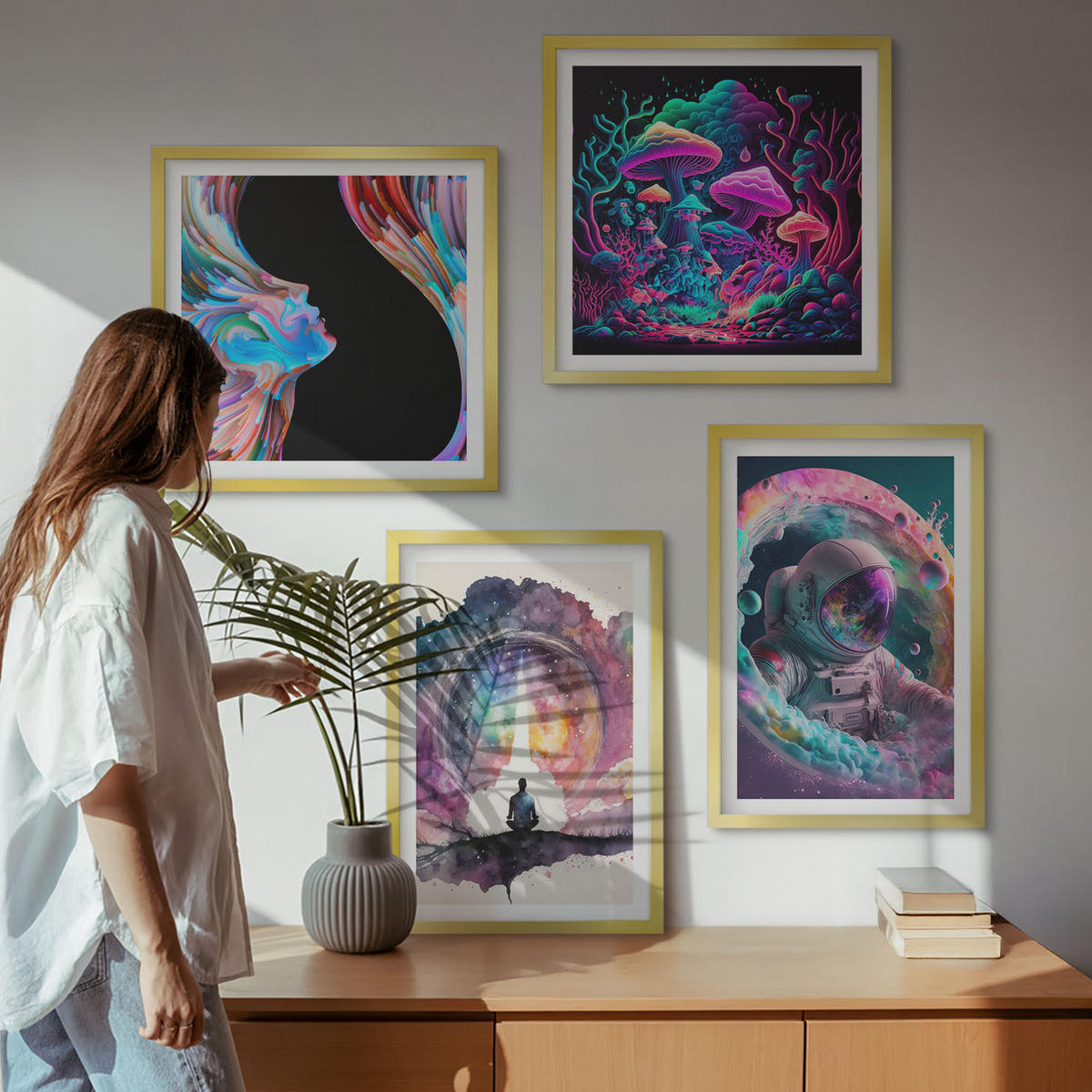 WANDBILDER 4er Set - 50x50 cm & 40x60 cm Goldrahmen - Farbenfrohe Fantasy-Kunstillustrationen - Goldfarben, Kunststoff (50/50cm) - ArtPrintCave