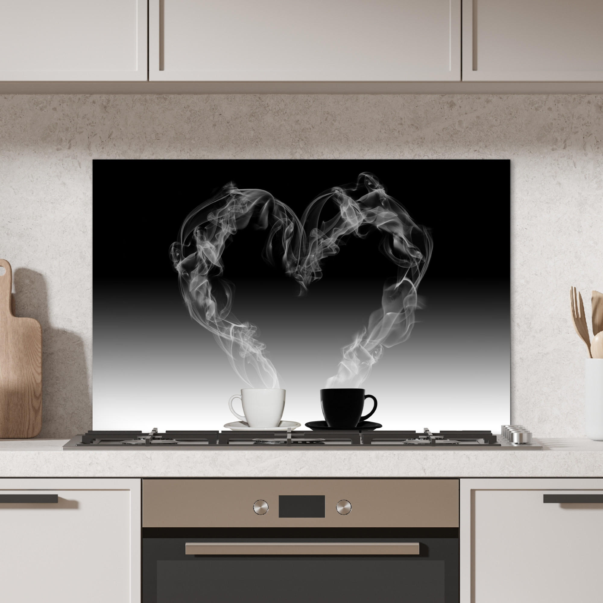 SPRITZSCHUTZ KÜCHE Kaffee - Herz - Schwarz und weiß - Tassen 80x55 cm - Weiß, Metall (80/0.3/55cm) - MuchoWow
