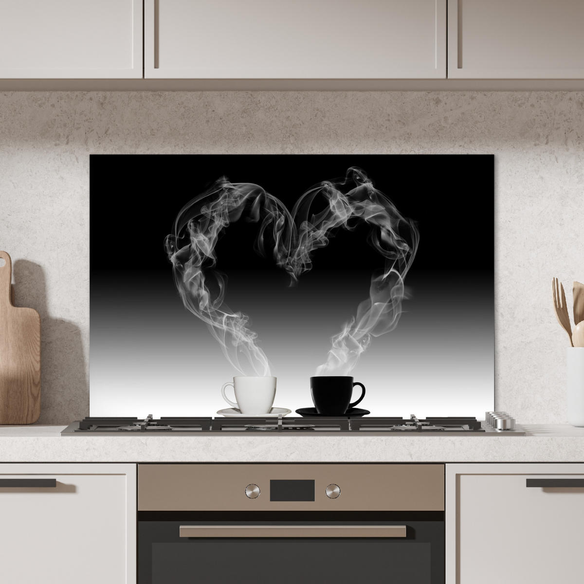 SPRITZSCHUTZ KÜCHE Kaffee - Herz - Schwarz und weiß - Tassen 90x60 cm - Weiß, Metall (90/0.3/60cm) - MuchoWow