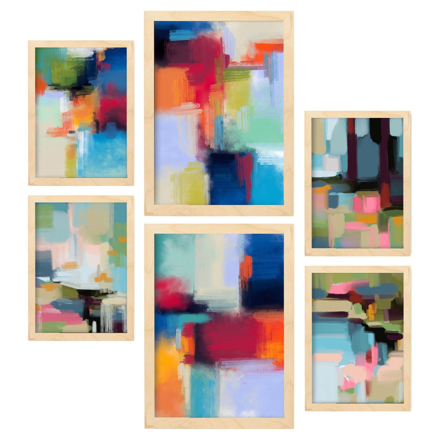 POSTER Set Mit 6 Victorian Shades 1 In Farbenfrohe Abstracts Ästhetische Dekorative Gemälde Für Ihr Wohnzimmer Zuhause A3 & A4 Rahmen Aus Hellem Holz - Beige, Papier (29/3cm) - Nacnic