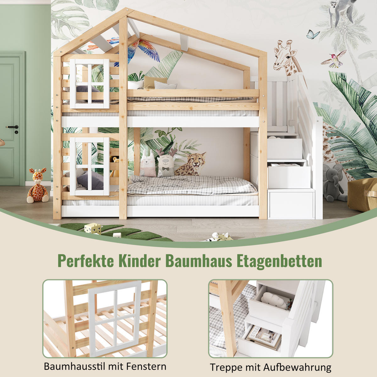 HAUSBETT 90/200 cm Natur & Weiß aus Kiefer-Massivholz und MDF mit Stauraum - Naturfarben, Holzwerkstoff (90/200cm) - OKMYHOME