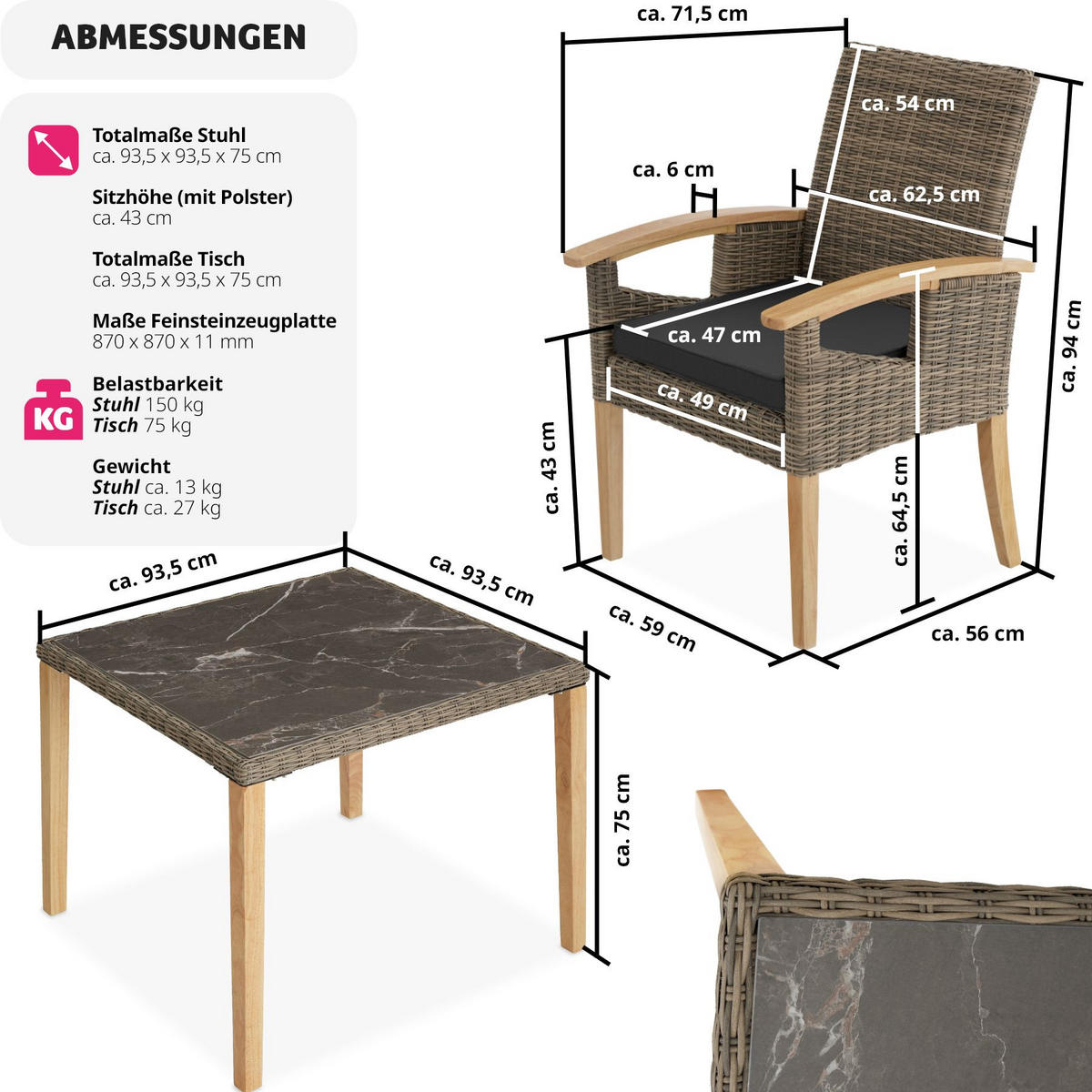 GARTENTISCH Tarent mit 4 Stühlen Rosarno, Armlehnen und Füße aus Holz, natur - Naturfarben, Kunststoff - tectake