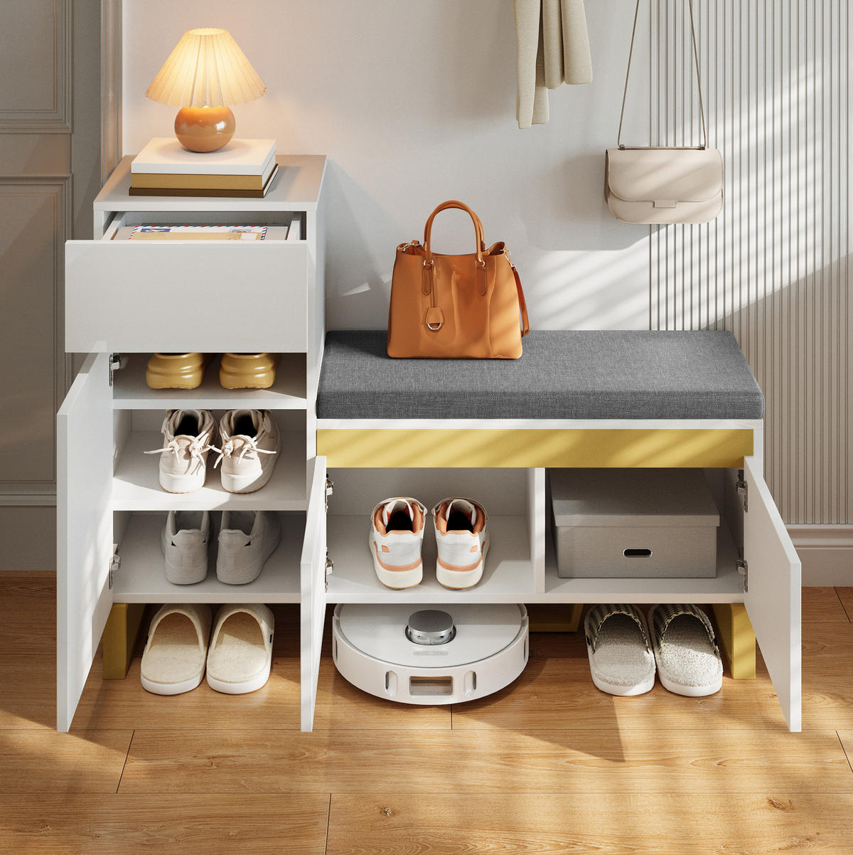 SCHUHSCHRANK mit Sitzkissen 120 x 35 x 85 cm MDF Weiß - Weiß, Holzwerkstoff (35/85/120cm) - Beauniv