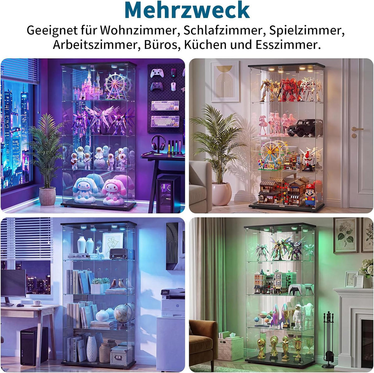GLASVITRINE LED Vitrinenschrank Schwarz mit 2 Tür 4 Etagen mit Schloss und Spiegeleffekt - Schwarz, Glas (36.49/163.9/80.49cm) - BPKADHY