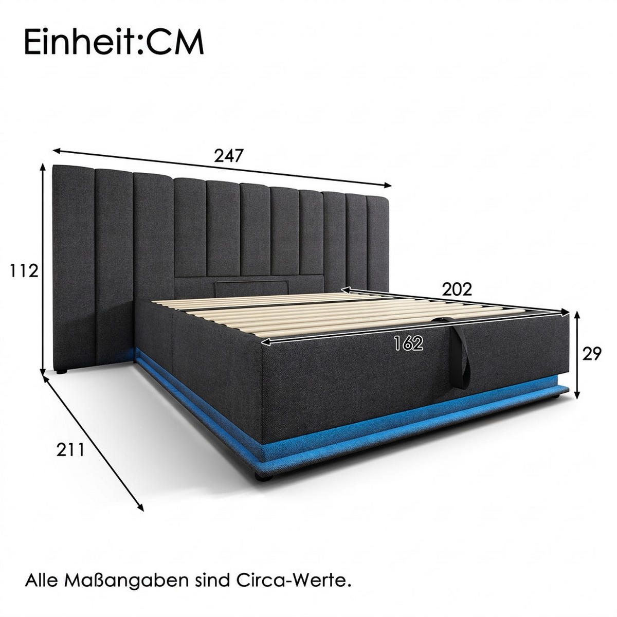 POLSTERBETT 160/200 cm Grau mit App Control LED und USB-C Ladefunktion, Ohne Matratze und Nachttisch - Grau, Textil (160/200cm) - Oxeza