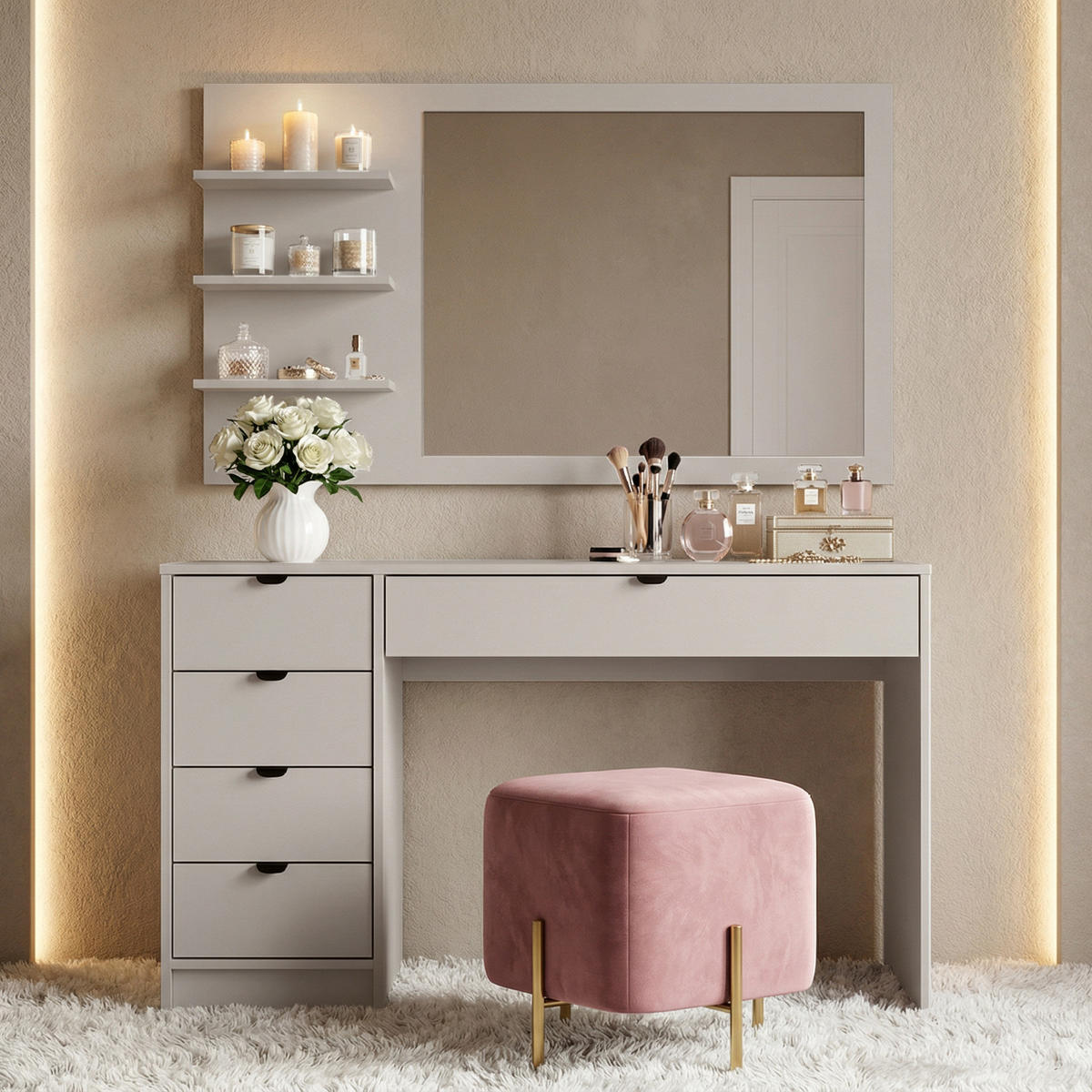 SCHMINKTISCH Malta mit 5 Schubladen, mit Spiegel, mit Griffen, Kaschmir - Kaschmir/Schwarz, Holzwerkstoff/Metall (120/145.5/57cm) - Beautysofa