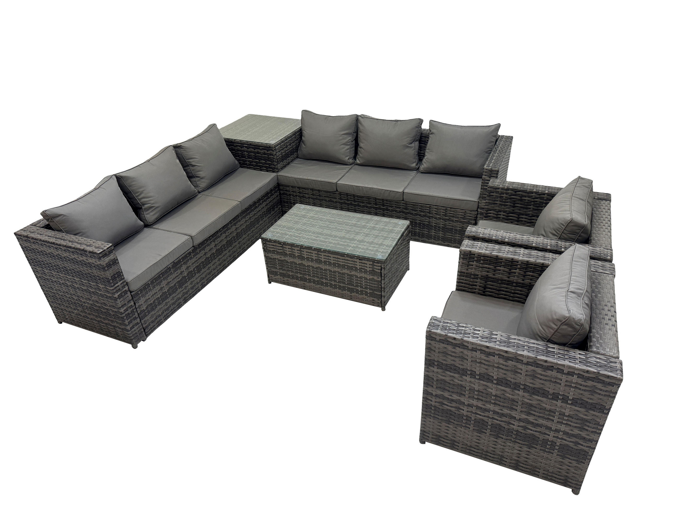LOUNGESOFA SET mit Stuhl Polyrattan 8-Sitzer - Dunkelgrau/Grau, Glas/Kunststoff - Fimous