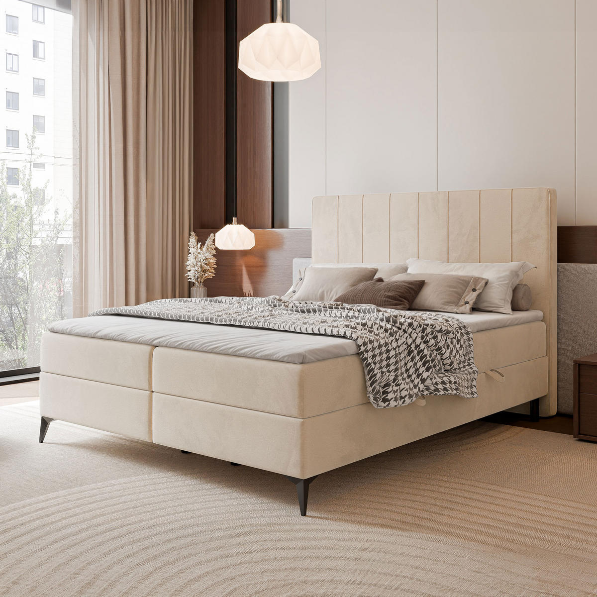 BOXBETT VERA 120x200 cm mit Matratze und Topper, Dichter wasserabweisender Samt Creme - Creme, Textil (120/200cm) - Idohome