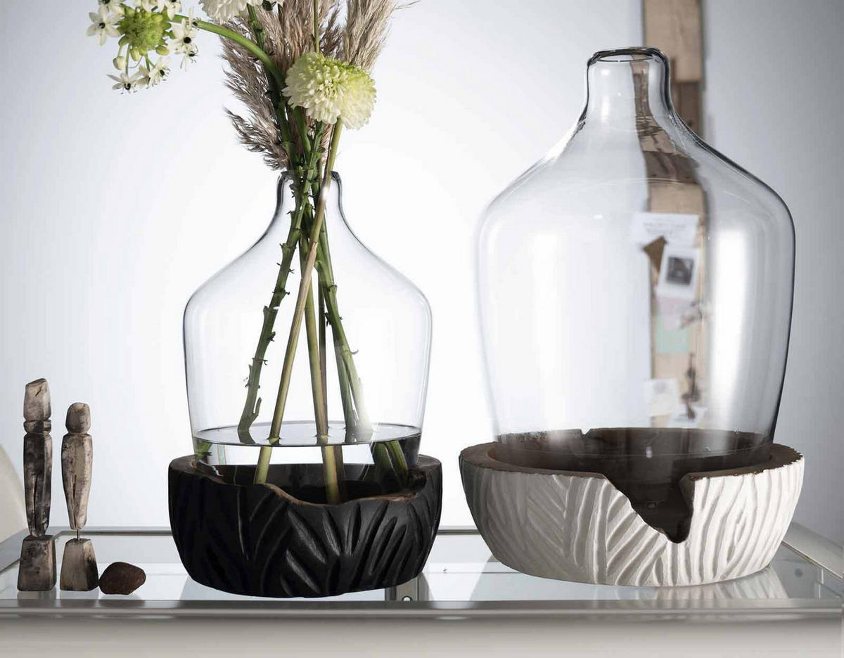 VASE MIT HOLZ-SOCKEL Casolare weiß ↕ 43 cm - Weiß, Glas (43cm) - Leonardo Living