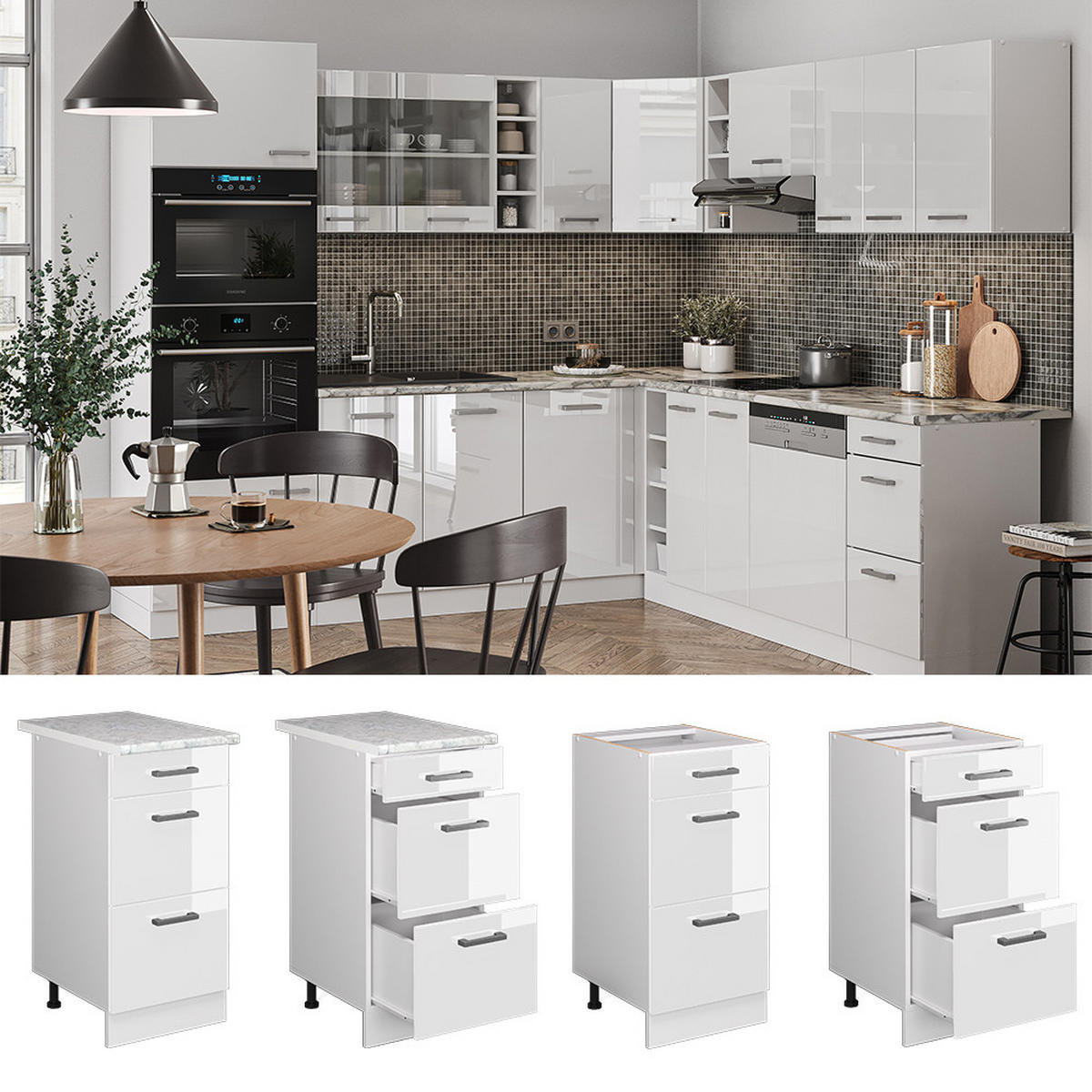 KÜCHENUNTERSCHRANK R-Line Weiß Hochglanz 40 cm mit Schubladen AP Eiche - Weiß Hochglanz/Weiß, Holzwerkstoff (40/81.6/60cm) - Vicco