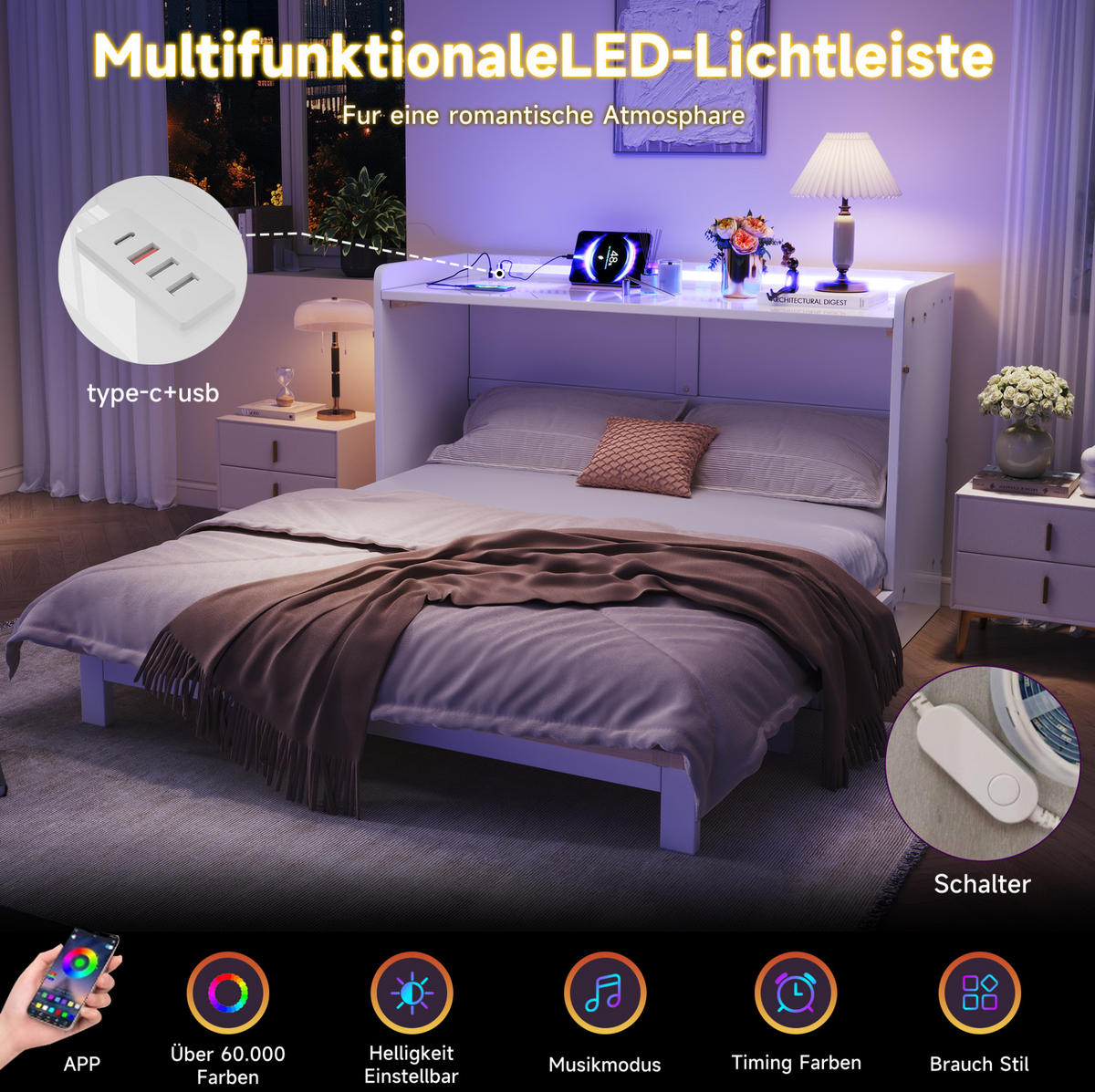 SKLÁPĚCÍ postel 140/200 cm bílá z MDF s LED osvětlením USB a zásuvkou - bílá, kompozitní dřevo (140/200cm) - OKWISH