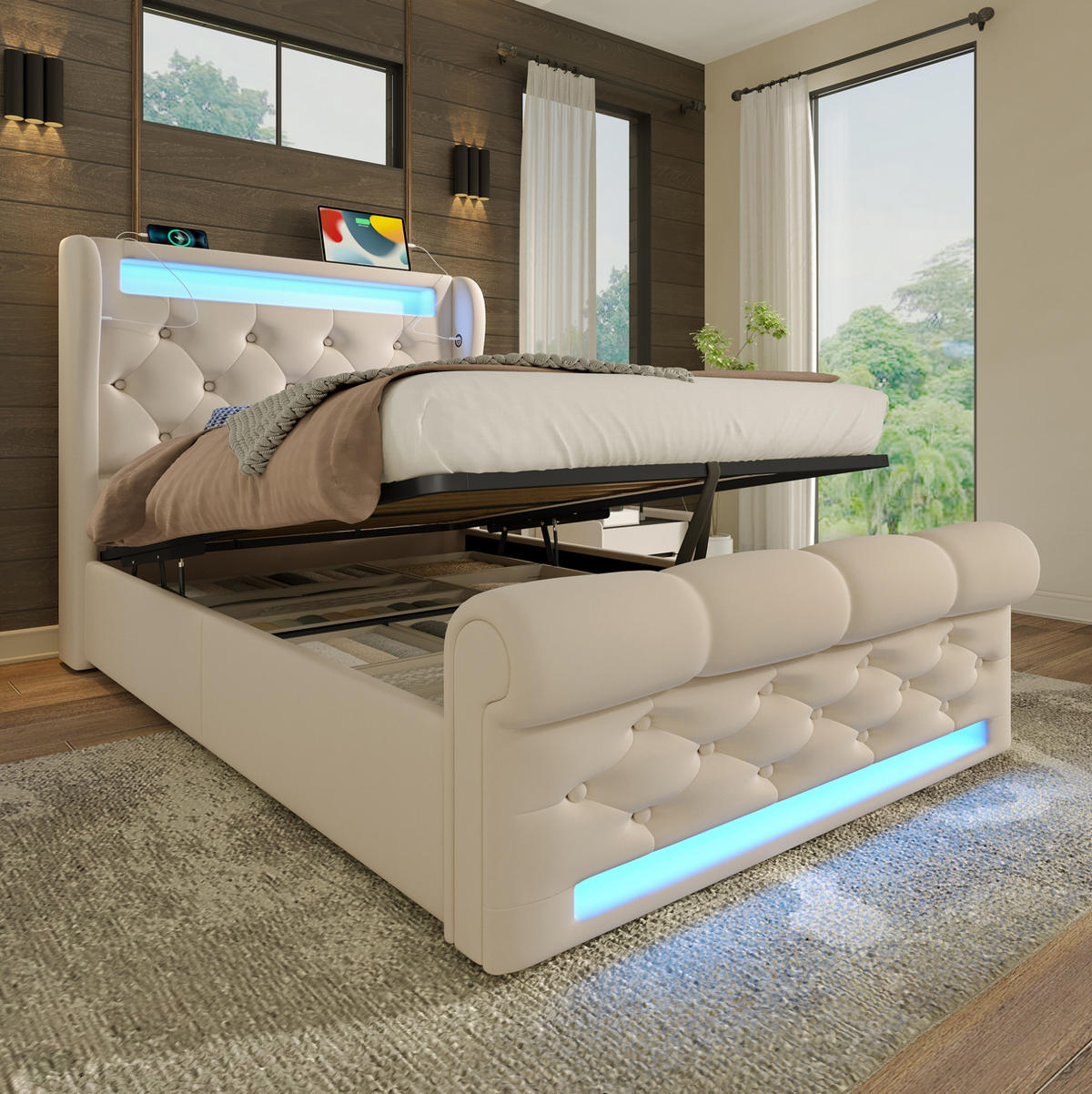 POLSTERBETT aus Samt 90x200 cm Beige mit LED-Beleuchtung, USB- und USB-C-Anschlüssen, hydraulischem Bettkasten - Beige, Textil (90/200cm) - IVMEU