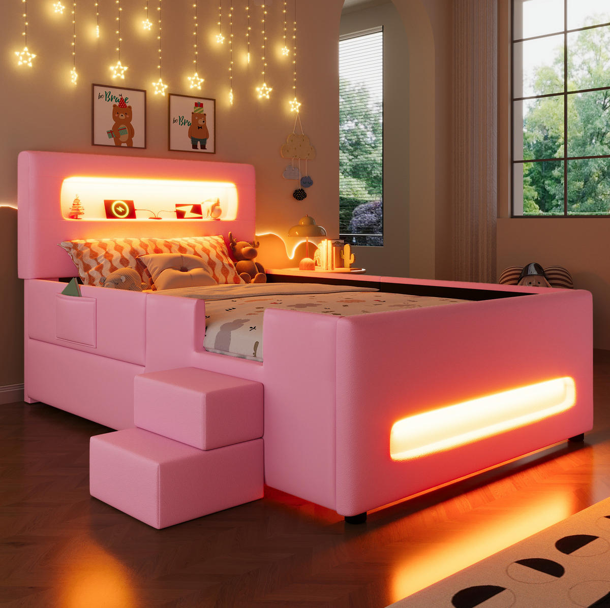 POLSTERBETT 90/200 cm mit Treppe, Schublade und LED-Beleuchtung, PU, Rosa - Rosa, Holzwerkstoff (90/200cm) - Redom