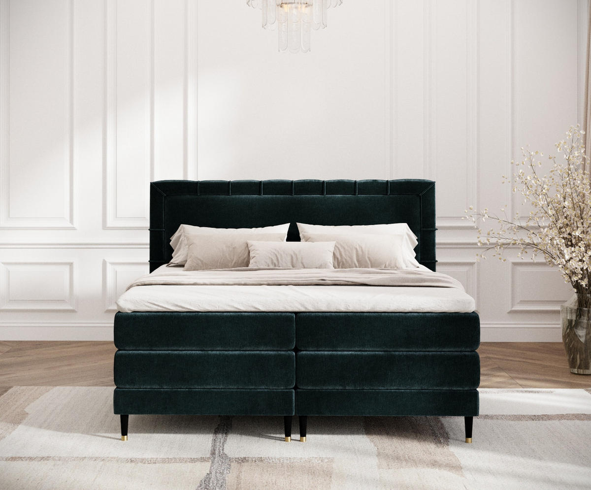 BOXSPRINGBETT Rimini Dunkelgrün 200/200 cm mit Matratze und Topper - Dunkelgrün/Schwarz, Holz/Holzwerkstoff (200/200cm) - Maison de Reve