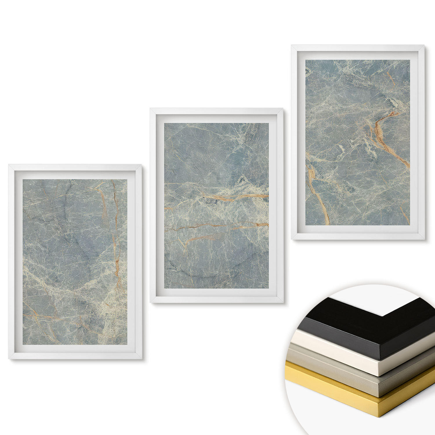 WANDBILDER 3er-Set - 40x60 cm Weißer Rahmen - Dekorativer Stein aus grünem Marmor - Weiß, Kunststoff (40/60cm) - ArtPrintCave