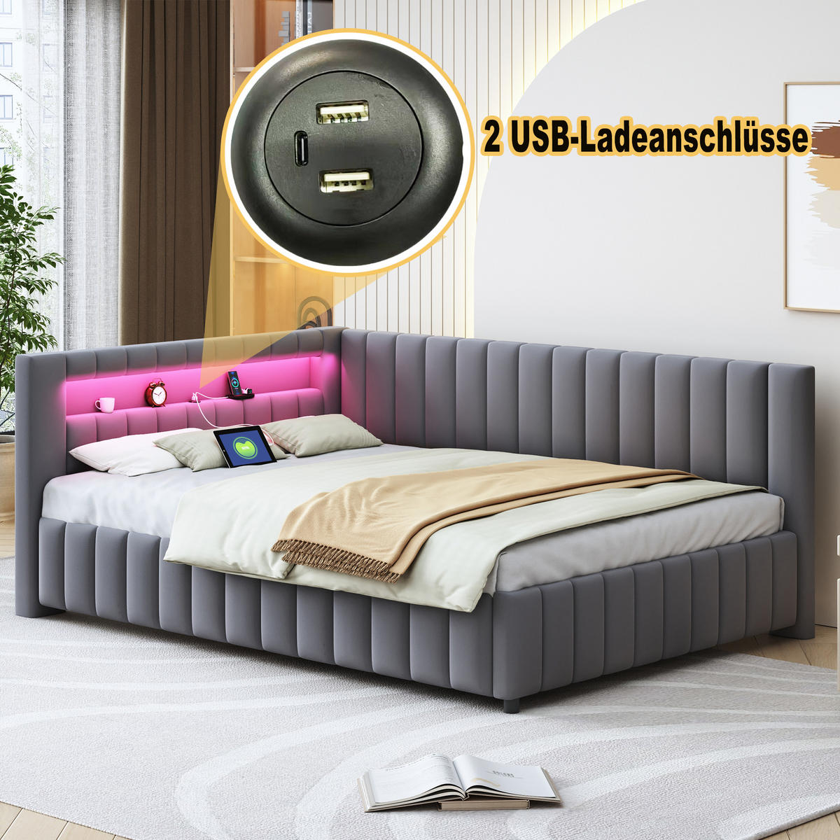 POLSTERBETT 140x200 cm LED USB grau - Grau, Textil (140/200cm) - LEBENLANG