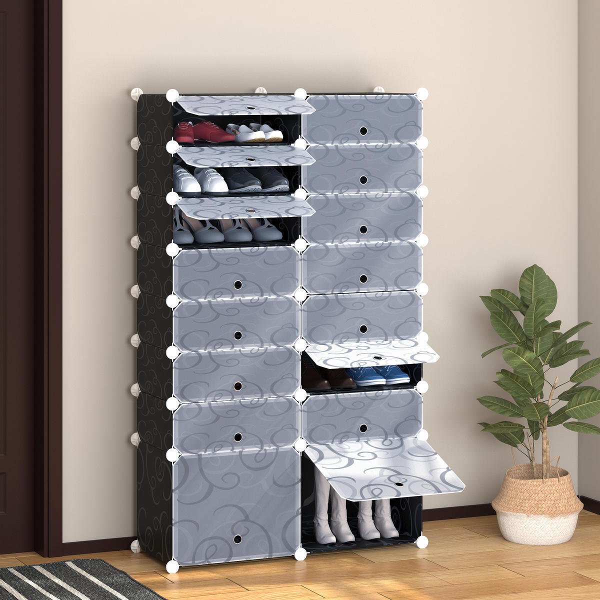 SCHUHSCHRANK DE-15474 95/37/160 cm, 14+2 Würfel, bis 32 Paar Schwarz/Weiß - Schwarz, Kunststoff (95/160/37cm) - ComfortXL
