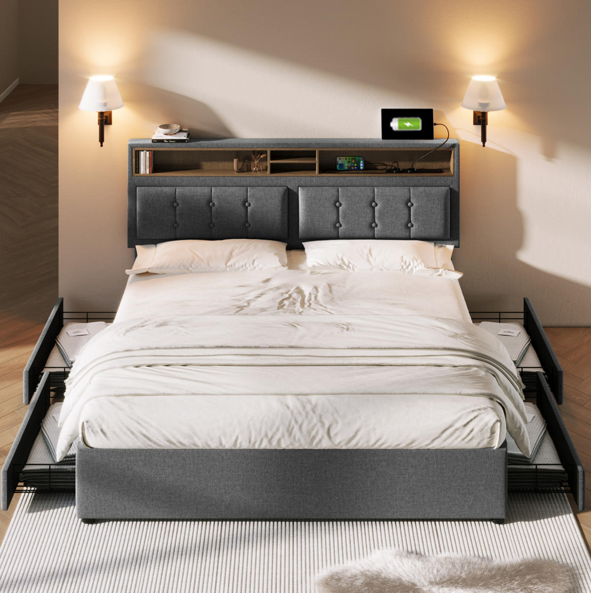 BETT mit 4 Schubladen & USB-C 140x200 cm Leinen Grau - Grau, Metall (140/200cm) - Meubliv