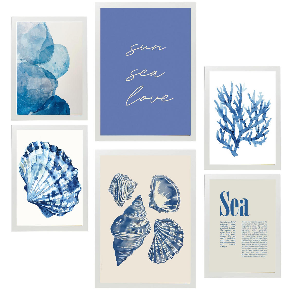 POSTER Set Mit 6 Marineblau, Blau, Meer, Sommer A3 & A4 Weißer Rahmen - Weiß, Papier (29/3cm) - Nacnic